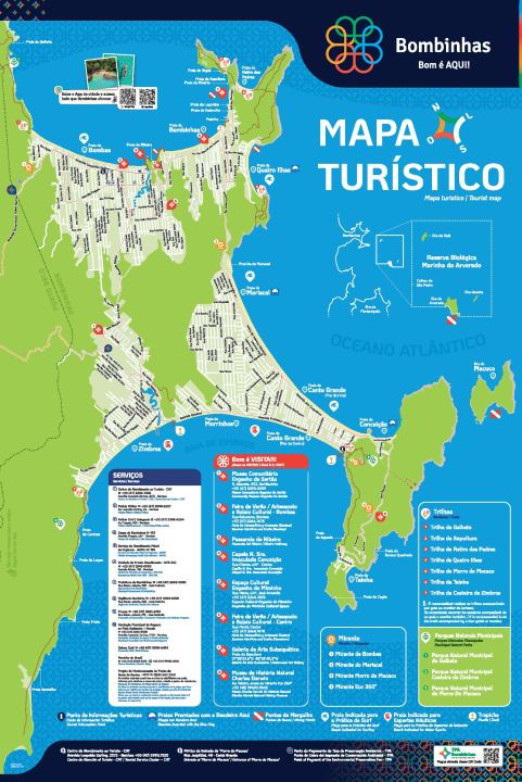 Mapa turístico oficial de Bombinhas com praias, trilhas, mirantes e serviços